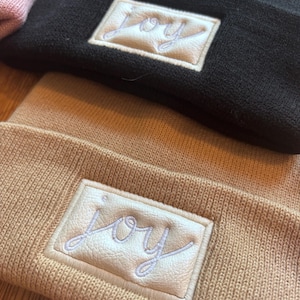 joy patch hat, joy leather patch beanie, joy beanie, winter hat with joy patch, inspirational beanie