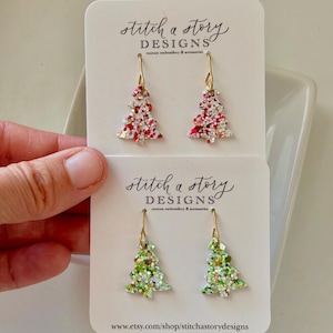 Tiny leather Christmas tree earrings, Christmas tree earrings, mini tree earrings