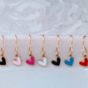Tiny Enamel Dotted Heart Earrings, Tiny Heart Dangle Earrings