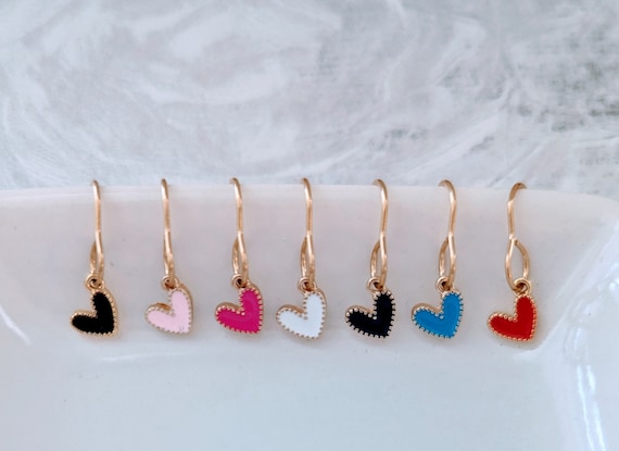 Tiny enamel dotted heart earrings, tiny heart dangle earrings, Valentine's earrings