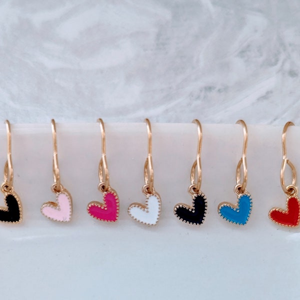 Tiny enamel dotted heart earrings, tiny heart dangle earrings, Valentine's earrings