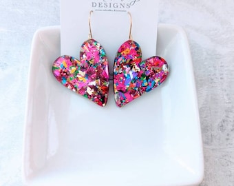 Acrylic chunky glitter heart earrings, dangle heart earrings, wonky heart earrings, valentine earrings, glitter heart earrings