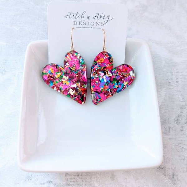 Acrylic chunky glitter heart earrings, dangle heart earrings, wonky heart earrings, valentine earrings, glitter heart earrings