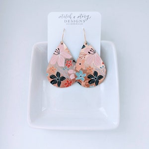 Rose gold floral leather earrings, teardrop floral leather earrings