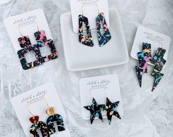 Boucles d'oreilles en cuir rétro années 80 avec éclaboussures de néon, boucles d'oreilles éclair des années 80, boucles d'oreilles des années 80
