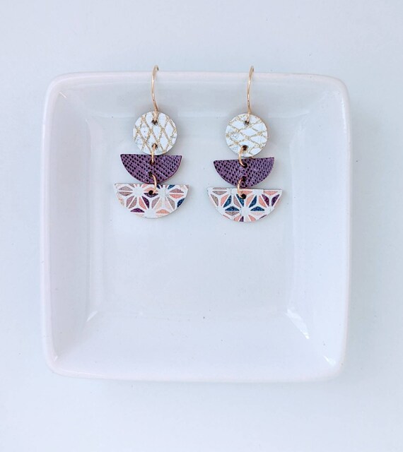 Coloring Mixing Mini Geometric Leather Earrings, Half Moon Leather