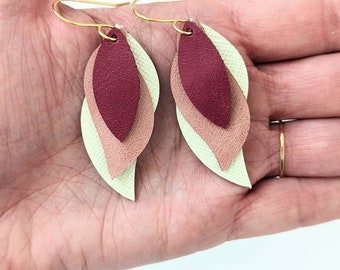 Triple layer leather earring, feather leather earring, lightweight leather earrings