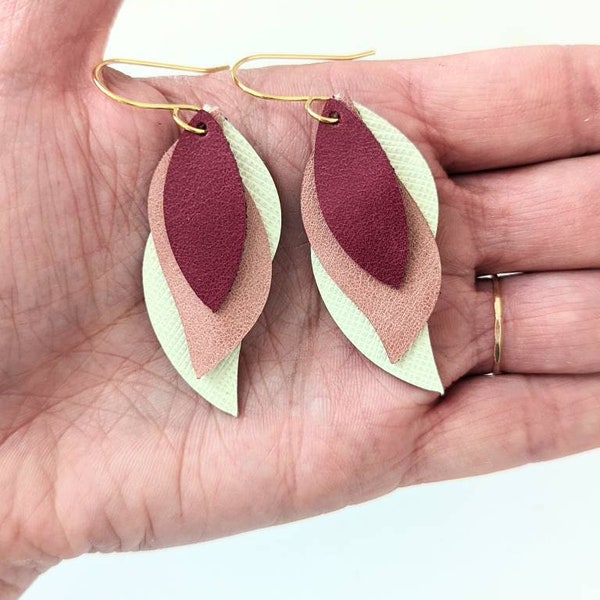 Triple layer leather earring, feather leather earring, lightweight leather earrings