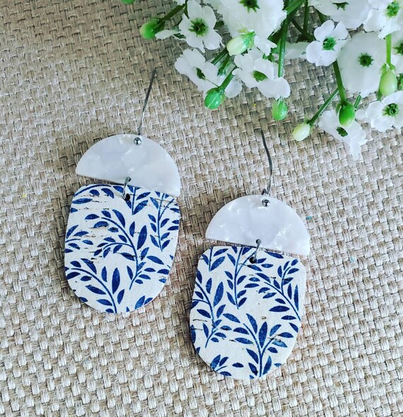 Blue and White Geometric Cork Leather Earrings, Lightweight Cork