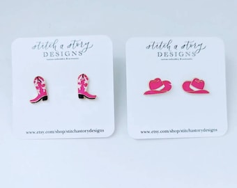 Pink cowboy hat enamel stud earring, pink cowboy boot enamel stud earring