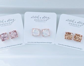Galaxy square enamel stud earrings, white stud earrings, neon pink stud earrings, black stud earrings,