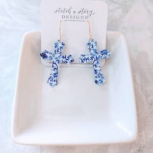 Blue scroll acrylic cross earrings, ornate cross earrings, blue floral cross earrings