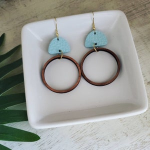 Wooden hoop earrings, wood and leather earrings, wood and leather hoop earrings, geometric hoop earrings