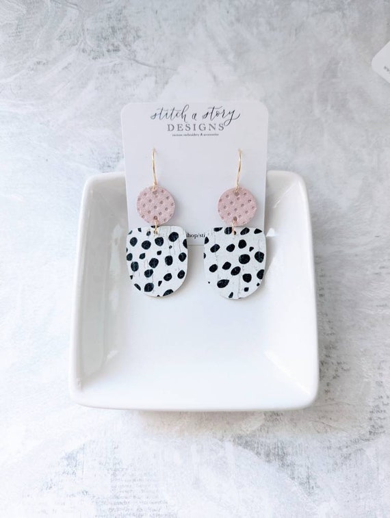 Dalmatian and pink leather earring, geometric leather earrings, lightweight  leather earrings, color mixing earrings
