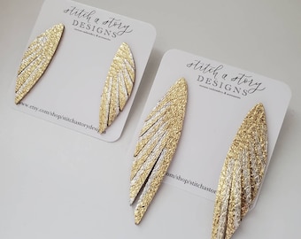 Gold leather angel wings, leather feather earring, gold angel wings earring, gold feather earring