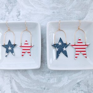 Patriotic leather star earrings, red white and blue earrings, 4th of July earrings, USA earrings, star earrings