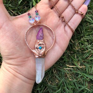 Matte white aura quartz/purple aura quartz halo pendant necklace