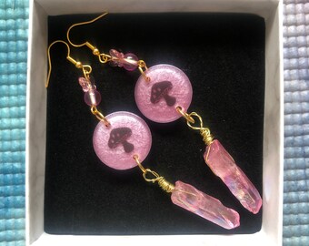 Pink quartz mushroom earrings