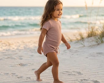 Light Pink Rib Knit Baby Short Set | Toddler Summer Beach Outfit