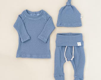 Blue Waffle Knit Baby Outfit – Newborn Coming Home Set