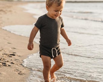 Charcoal Gray Waffle Knit Baby Short Set | Toddler Summer Outfit