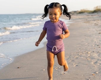 Purple Baby Girl Bloomer Set | Toddler Summer Beach Rib Knit Outfit