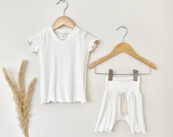 White baby girl shortie set, bummies outfit short sleeve shirt, shorts, toddler girl summer clothes, simple modern bummies - Pointelle Knit.