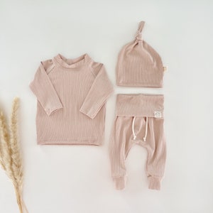 Pointelle pink baby girl outfit, spring newborn girl coming home outfit, infant girl clothes, pretty baby girl take home outfit, baby gifts. image 1