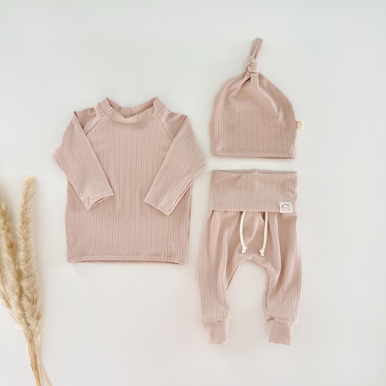 Pointelle pink baby girl outfit, spring newborn girl coming home outfit, infant girl clothes, pretty baby girl take home outfit, baby gifts. image 9