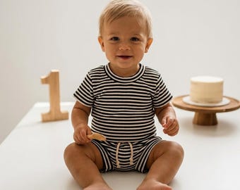 Black & White Stripe Baby Shorties Set | Toddler Boy Birthday Milestone Outfit