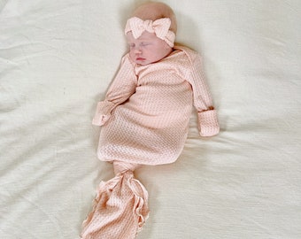 Bata de bebé rosa de punto gofrado / Bata de dormir anudada para recién nacido, conjunto para la salida del hospital