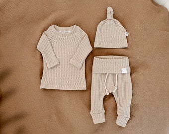 Cream Waffle Set, newborn coming home outfit gender neutral, personalized going home outfit, baby boy clothes, girl hospital outfit, unisex.