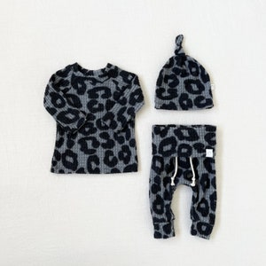 Leopard baby girl outfit, waffle baby girl clothes, cheetah print, toddler outfit, soft girl clothes, animal print, unique, minimal baby. image 1