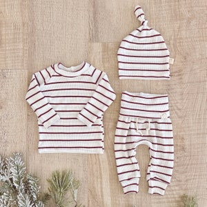 Maroon & White Stripe baby clothes, gender neutral clothes, 2 piece, baby boy clothes, breathable baby clothing, boutique clothes. image 2