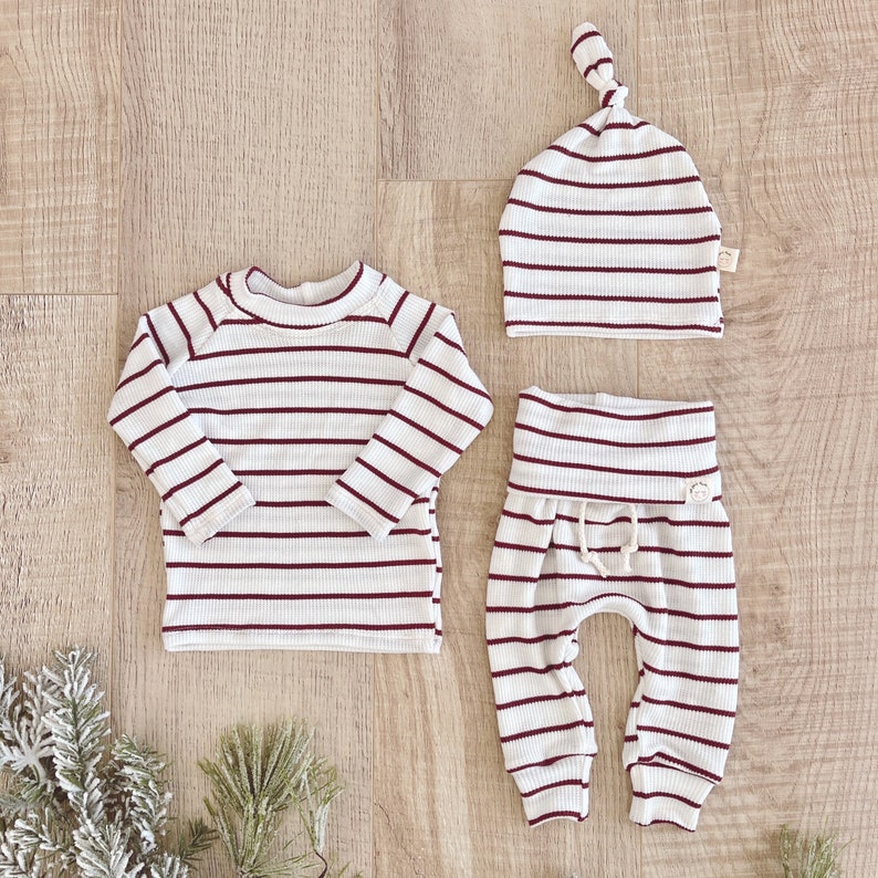 Maroon & White Stripe baby clothes, gender neutral clothes, 2 piece, baby boy clothes, breathable baby clothing, boutique clothes. image 2