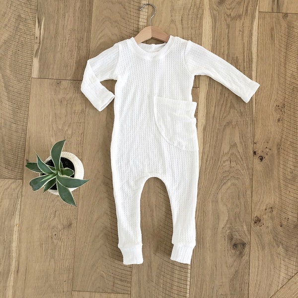 White waffle snapless romper, winter gender neutral baby clothes, coverall jumpsuit, baby romper, breathable, warm baby outfit, new baby.