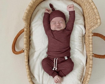 Cranberry Waffle Baby Outfit - Soft Gender Neutral Baby Clothes, Cozy Winter Infant Set