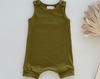 Olive Green Rib Knit Baby Romper, Sleeveless Snap One Piece Outfit