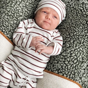 Maroon & White Stripe baby clothes, gender neutral clothes, 2 piece, baby boy clothes, breathable baby clothing, boutique clothes. image 1