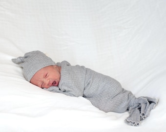 Light Gray Waffle Knit Baby Gown Set For Newborn