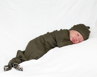 Green Waffle Knit Baby Gown, Newborn Knotted Sleeper, Lightweight Coming Home Outfit
