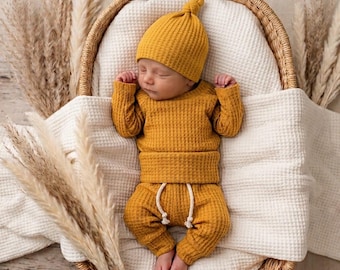 Ensemble bébé en maille gaufrée moutarde – Vêtements de sortie de maternité pour nouveau-né, ensemble unisexe pour nourrisson