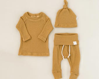 Mustard Waffle Knit Baby Outfit - Fall Newborn Gender Neutral Coming Home Outfit | Yellow Infant Clothes | Winter Unisex Baby Clothes