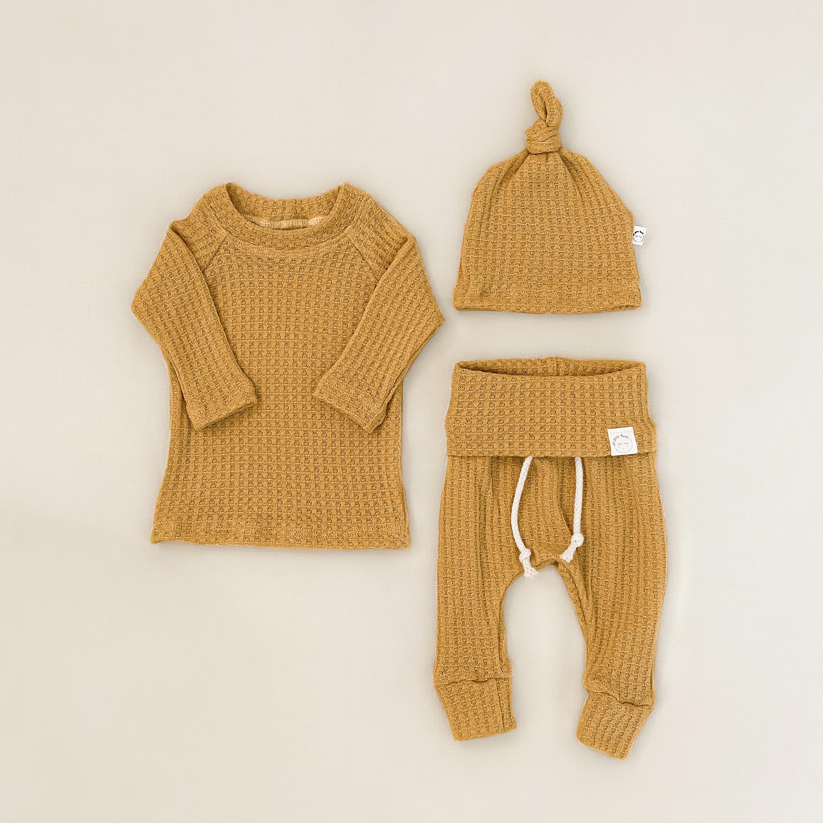 Mustard Waffle Knit Baby Outfit - Fall Newborn Gender Neutral 