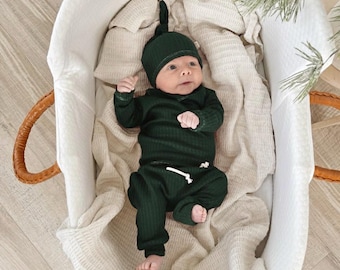 Pine Green Waffle Knit Baby Outfit - Winter Baby Boy Clothes | Christmas Baby Photo Outfit | Unisex Baby Clothes | Neutral Infant Gift Set