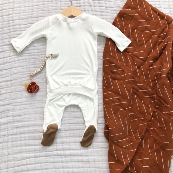 White Rib Footie Butt Flap Newborn One Piece Lightweight Newborn