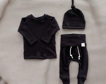 Black Waffle Mutual baby clothes, black take home outfit, shirt and pants set, soft baby clothes, preemie, newborn set, coming home outfit.