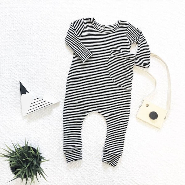 Black + White rib snapless baby romper, harem jumpsuit, winter baby clothes, fall boy clothes, rib knit romper, thermal baby one piece.