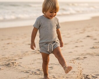 Light Gray Waffle Knit Baby Short Set | Little Kids Summer Outfit