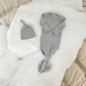 Gray knotted baby gown, newborn sleeper gown, tied knot gown sleepsuit, boy hospital outfit, sleep sack, gown for baby boy, knotted gown.